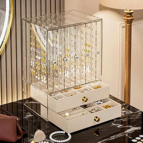 Boîte à bijoux transparente Zimilo, multicouche, anti-poussière, empilable, pour colliers, boucles d'oreilles et bagues, 2 couches de velours + 5 tiroirs transparents, beige (1/5)