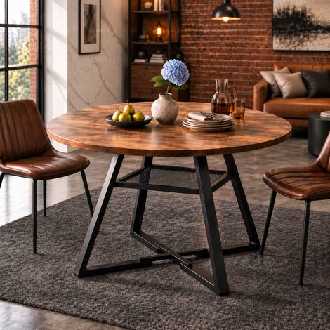 Table ronde industrielle 120 cm pour 4-6 personnes, plateau MDF et piétement métal, hauteur 75 cm, design moderne, table à manger gain de place pour cuisine salon (1/5)