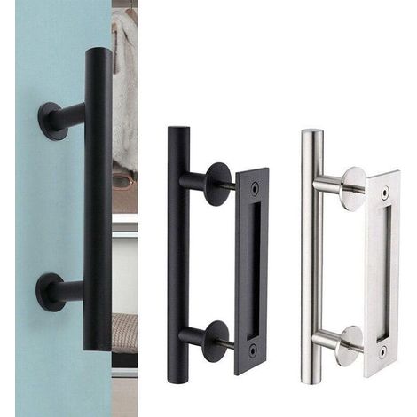 Poignée de porte de grange coulissante encastrée de 30,5 cm (12 po) en acier inoxydable noir, pour porte en bois. (1/5)