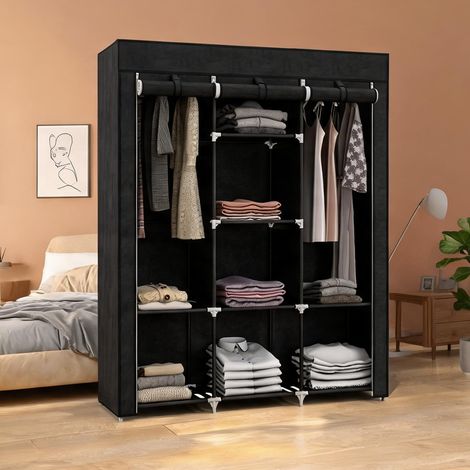 Armoire en tissu noir avec 8 étagères et 2 barres Acier (1/5)