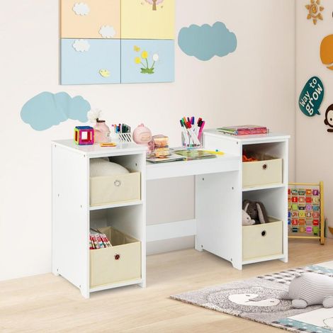 Pour se maquiller, lire ou dessiner, bureau coiffeuse enfant 2 en 1 avec 4 bacs en tissu et miroirs rabattables (1/5)