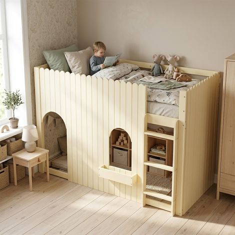 Lit mezzanine 90x200 cm avec LED bureau et rangements lit enfant gain de place avec sommier à lattes en bois massif et MDF naturel (1/5)