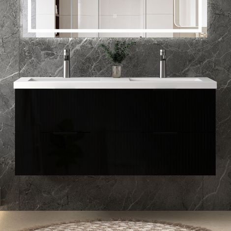 Unterschrank mit Waschbecken Waschbeckenunterschrank Badmöbel Waschtisch Badezimmerschrank, hochglanz Schwarz Holz, Sanfter Schluss, 120x44.5x52cm, TYP C-Kunststein Waschbecken (1/5)
