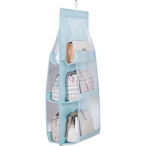 Sac à Main Stockage de Chaussures Organisateur de Garde Robe Sacs Penderie, Tissu Oxford Sac de Rangement Suspendu Organisateur de Garde Robe Pliable pour Sacs, Transparent, Bleu (1/5)