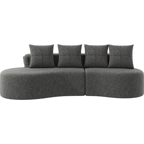 Canapé en tissu de lin avec 4 coussins, mousse haute densité + ressorts, porte-gobelet et poche latérale – design unique, confortable et respirant, idéal pour le salon, la chambre d’amis ou le balcon,