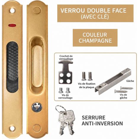 Serrure à crochet dorée double face avec clé pour porte coulissante doré réf 2464 18 kg – Livraison gratuite