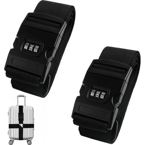 2 PCS Valise Réglables avec Serrure à Combinaison, Sangles à Bagage, Sangle Croisée pour Valise, Convient pour Valises de 18 à 30 Pouces, Sécurité Renforcée pour Voyages, Noir