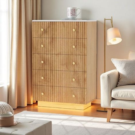 Holzschrank, Niedriger Schrank mit integriertem LED, 73x40x111 cm, Wohnzimmerbuffet, Kommode mit 5 Schubladen, TV-Möbel, Aufbewahrungsmöbel (1/5)