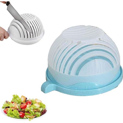 Saladier coupe-légumes rapide, bol hachoir à salade multifonction avec couvercle, ensemble coupe-vegetaux bleu, pratique pour préparer crudités et salades en un geste. (1/5)