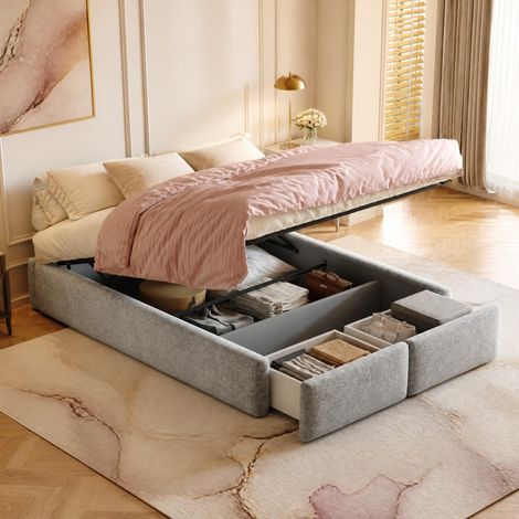 Letto contenitore matrimoniale 140x200 cm, con sollevamento idraulico, 2 cassetti, tessuto grigio, senza materasso (1/5)
