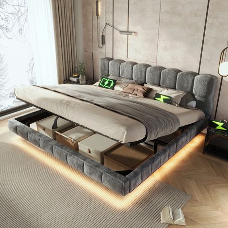 Bett Polsterbett Doppelbett Jugendbett in Schwebeoptik, Bubble Design Wolkenbett, hydraulischer Stauraum, LED, Ladeanschluss (USB & Typ-C), Chenille, Grau, 140x190 cm, ohne Matratze (1/5)