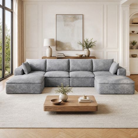 Divano modulare 340x160x82 cm in tessuto a coste grigio scuro con cuscini sfoderabili – MEUBLIV (1/5)