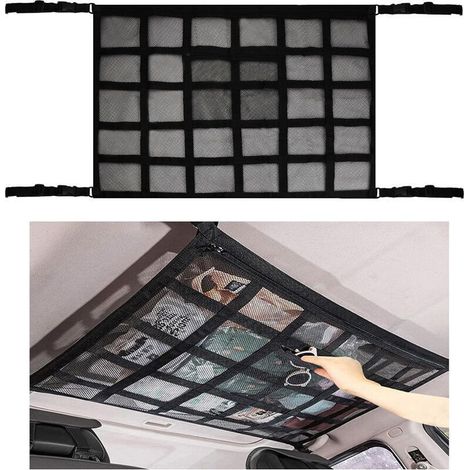 Filet rangement pour toit ,ciel de toit voiture sac, universel maille sac pour toit de voiture intérieur filet Élastique,convient aux voitures, camionnettes et caravanes, noir (90 65cm) (1/4)