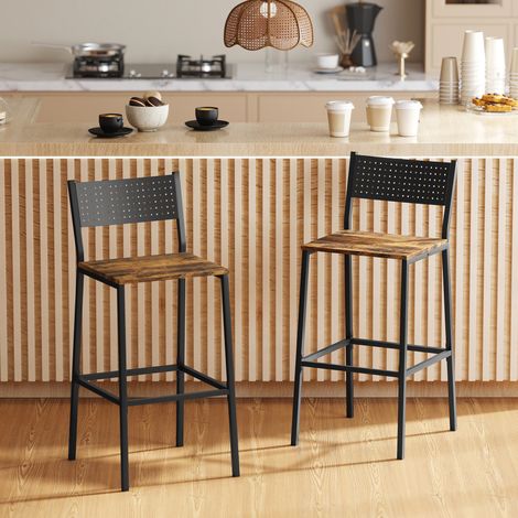 Lot de 2 tabourets de bar industriels avec dossier et repose-pieds intégrés, pour salon et cuisine, design authentique, brun rustique (1/4)
