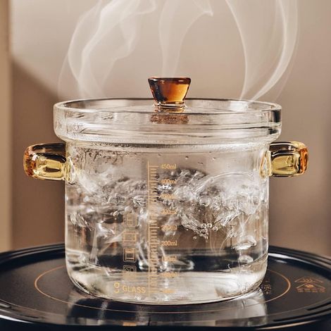 0.45L/15.8oz Pot De Cuisson en Verre, Pot en Verre pour Cuisine, Mini Cocotte Multifonctionnel, Marmite en verre transparent résistant aux hautes températures avec double poignée et couvercle (1/5)