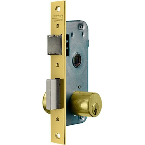 Serrure à encastrer pour portes bois, axe 50 mm, finition bronze/laiton, têtière carrée (1/3)