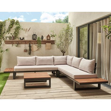 Salome - gartenmöbel set für 5 personen + tisch - modular - holz, metall und beigefarbene kissen - schwarz, holz und beige (1/5)