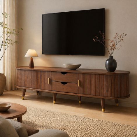 Mueble TV de 175 cm con puerta corredera de ratán, efecto nogal, MDF, 60 kg, DESVIAE (1/5)