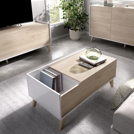 DEKIT - Mesa de centro elevable - Modelo NESS color Blanco / Natural - 41x99x60 cm (1/5)
