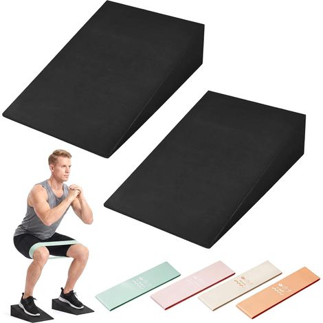 Lot de 2 blocs de yoga avec 4 bandes de fitness, squat Wedge, rampe de mobilisation pour squats, soulevés de terre, étirement des mollets (1/5)