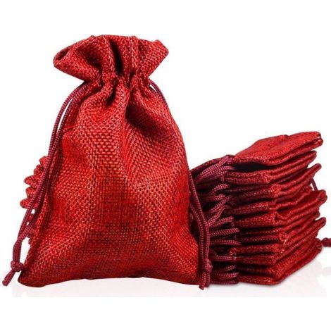 Sacs en jute - 10 cm x 14 cm - À cordon - Pour Mariage et Bricolage - Rouge Foncé - 30 Pièces (1/4)