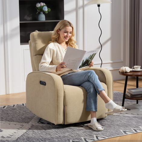 Elektrisch verstellbarer Chenille-Sessel mit Fußstütze, verstellbarer Kopfstütze und Steckdosen, 80 x 93 x 103 cm, beige (1/5)