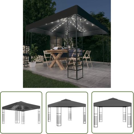The Living Store Chapiteau de jardin avec lumières LED 3x3 m Anthracite - Tonnelle De Jardin - Abri De Jardin - Gazebo - Parasol De Jardin - Éclairage Solaire (1/5)