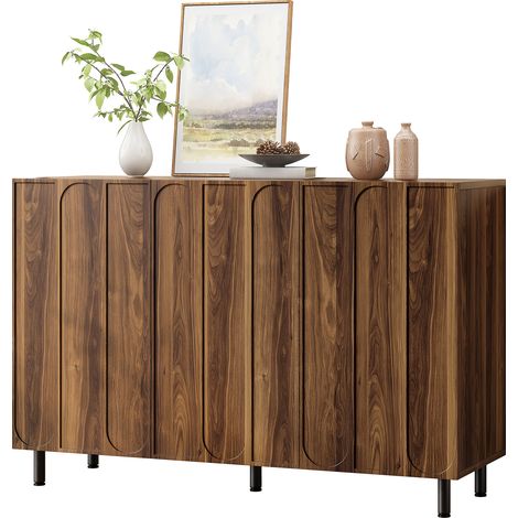 Mobliva Buffet/Meuble à chaussures 2 en 1 en panneaux de particules et MDF, 3 portes, moulures arquées verticales, étagères réglables, 5 pieds tubulaires en métal, charnières à fermeture douce (1/5)
