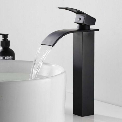 Robinetterie Cascade Noir avec Haut Bec, Mitigeur Lavabo Mono-trou en Cuivre, Mélangeur à Levier Unique pour Eau Chaude et Froide dans la Salle de Bain (1/4)