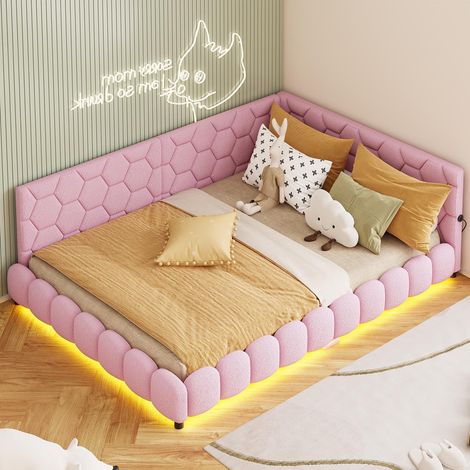 Letto imbottito 140x200 cm con LED e ricarica USB, letto per ragazzi in velluto, stile moderno - rosa