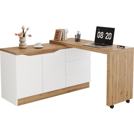Bureau d'angle Chêne et blanc en MDF, Avec Étagères Réglables, 3 Tiroirs et 2 Portes, 120 x 50 x 78cm - pour bureau, salon (1/5)