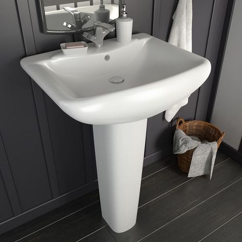 Lavabo sur pied avec colonne, en céramique blanche, 580 x 470 x 200 mm