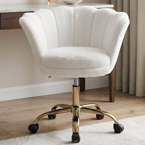 Wahson Bürostuhl höhenverstellbar aus Kunstfell, Blütenform Goldener Sockel höhenverstellbar mit Rollen ideal für Schminktisch& Schlafzimmer, Weiß