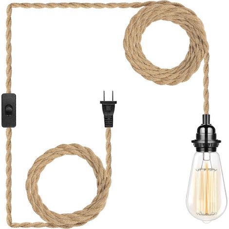 Suspension à brancher avec cordon en corde de chanvre tressée de 4,5 m et interrupteur, douille E26, style ferme, en métal, installation facile, pour tables, chambre, cuisine (1/5)