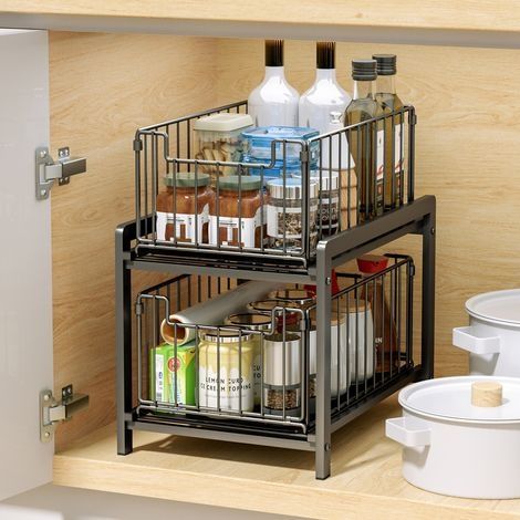 Panier de Rangement Coulissant à 2 Niveaux,tiroir Organisateur, Porte-épices, Panier Coulissant sous évier, étagère de Rangement pour comptoir de Cuisine, Garde-Manger,Bureau (1/4)