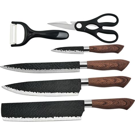 Lot de 6 couteaux martelés multifonction, acier inoxydable martelé, manche en bois ergonomique pour cuisine domestique (1/5)