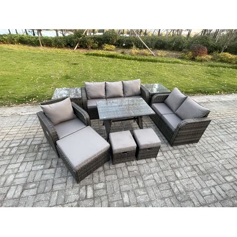 Fimous 9 PCS Garten Sofa im Freien Set Polyrattan Gartenmöbel Set mit Rechteckiger Esstisch Sessel 3 Hockern Dunkelgrau Gemischt (1/5)
