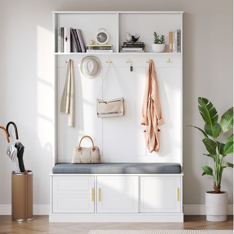Garderobenständer mit Schuhbank (120x40x191 cm), 6 Haken, Sitzbank, Schuhfach, Spanplatte, Weiß (1/5)