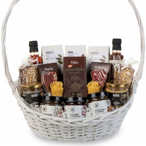 Grande cesto regalo bianco con un set di tè ai fiori, dolci, sciroppo e miele. (1/5)