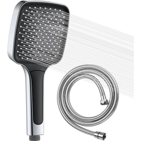 Pommeau de douche carré chromé haute pression – Flexible 150cm en acier inoxydable – Trois jets ajustables – Diamètre 116mm