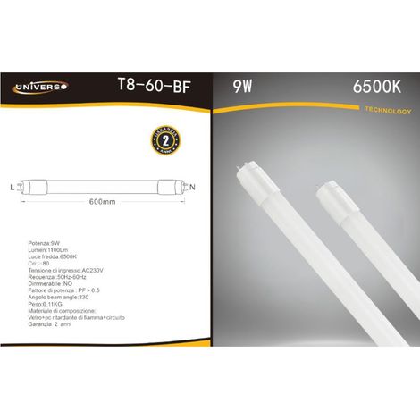 Tubo LED 9W Neon T8 60cm Luce Fredda 6500K T8-60-BF