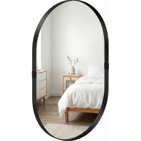Specchio da parete, specchio decorativo 60 x 90 cm in vetro temperato e cornice in alluminio, per camera da letto, soggiorno, corridoio, nero