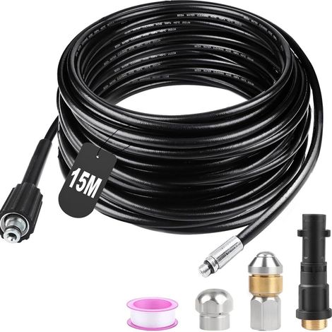 Tuyau déboucheur canalisation haute pression 15m 180bar – flexible avec 2 buses + 1 adaptateur – pour Kärcher K2-K7 (1/5)