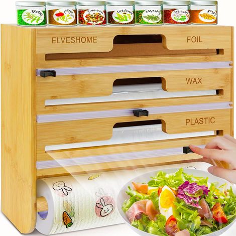 Organizzatore 5 in 1 per pellicola e pellicola di plastica con bicchiere, distributore di pellicola alimentare con portarotolo di carta, distributore di carta stagnola a parete (1/5)