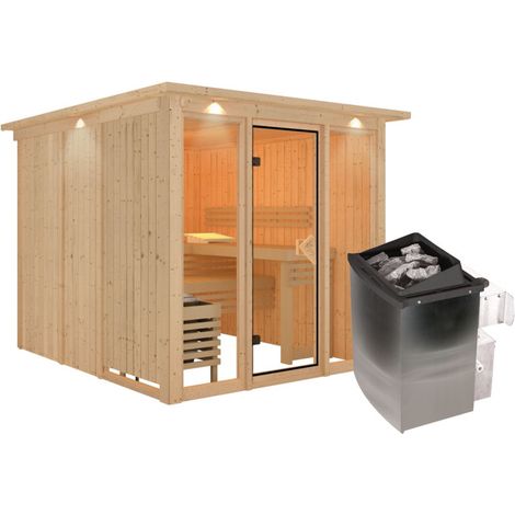 Sauna Bois Massif 4-6 Places 68mm Poêle 9kW Eclairage Askja Karibu (1/5)