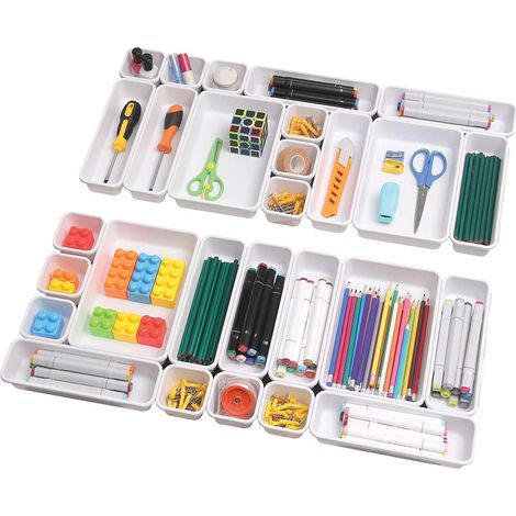 Lot de 24 Organisateur Tiroir Bureau, 3 Tailles Compartiment Rangement Bureau en Plastique, Organiseur Cuisine, Salle Bain (3 Types/Blanc)… Blanc - (1/5)