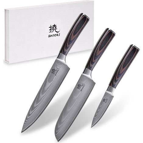 Shiori 3-Set 撓 Chairo Shōto + Santoku + Sifu: un juego de tres cuchillos de acero de Damasco (1/5)