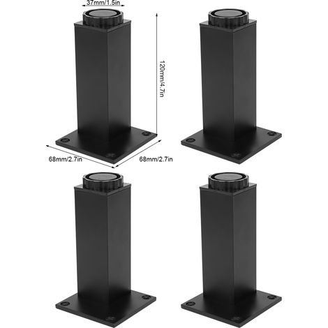 Patas ajustables de aluminio para sofá, cama y armario – 4 soportes, 120 mm, color negro. (1/5)