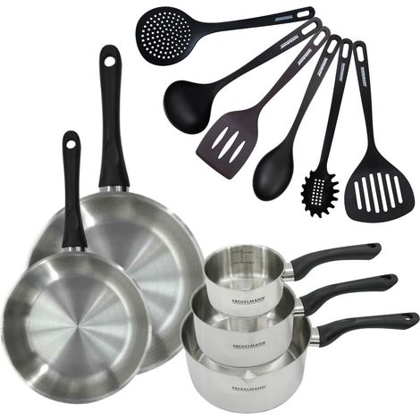 Set 2 poêles 24 et 28 cm 3 casseroles 12 16 et 20 cm en inox et 6 ustensiles Fackelmann Geneva (1/5)