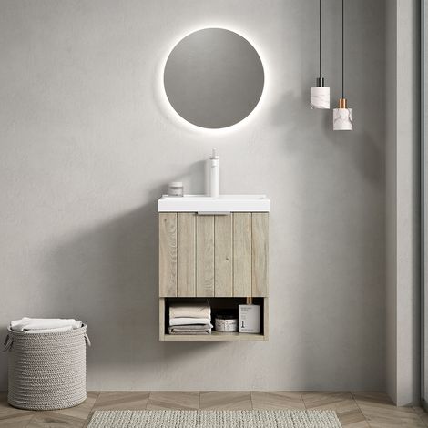 Meuble lavabo mural avec vasque en céramique blanche/meuble à double portes rayées + étagère ouverte - Chêne crème - 42 cm (1/5)